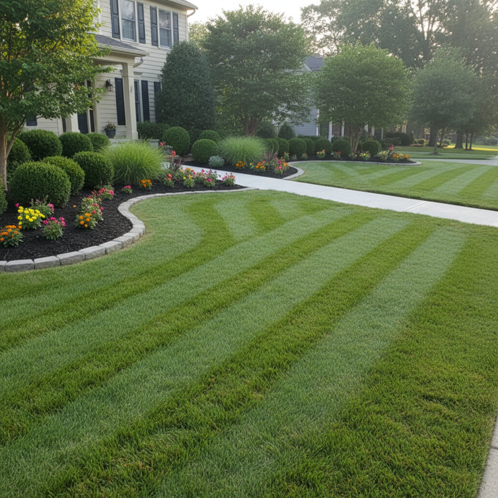 A neatly manicured residential front yard focusing on professional lawn mowing and landscaping services. The grass is cut in precise, alternating diagonal stripes, exhibiting vibrant green color and uniform height. Curved planting beds edged with stone contain trimmed boxwoods, ornamental grasses, and seasonal flowers set in dark, fresh mulch. A newly repaired concrete walkway leads from the sidewalk to the front steps, its smooth, even surface free of cracks. Soft morning light illuminates the yard, creating gentle shadows along the lawn stripes and highlighting the textures of stone, foliage, and concrete. Photographic realism from a slightly elevated, wide composition, with the house partially visible but secondary. The mood is tidy and organized, clearly communicating professional lawn care and light exterior repair, with no people or text present.