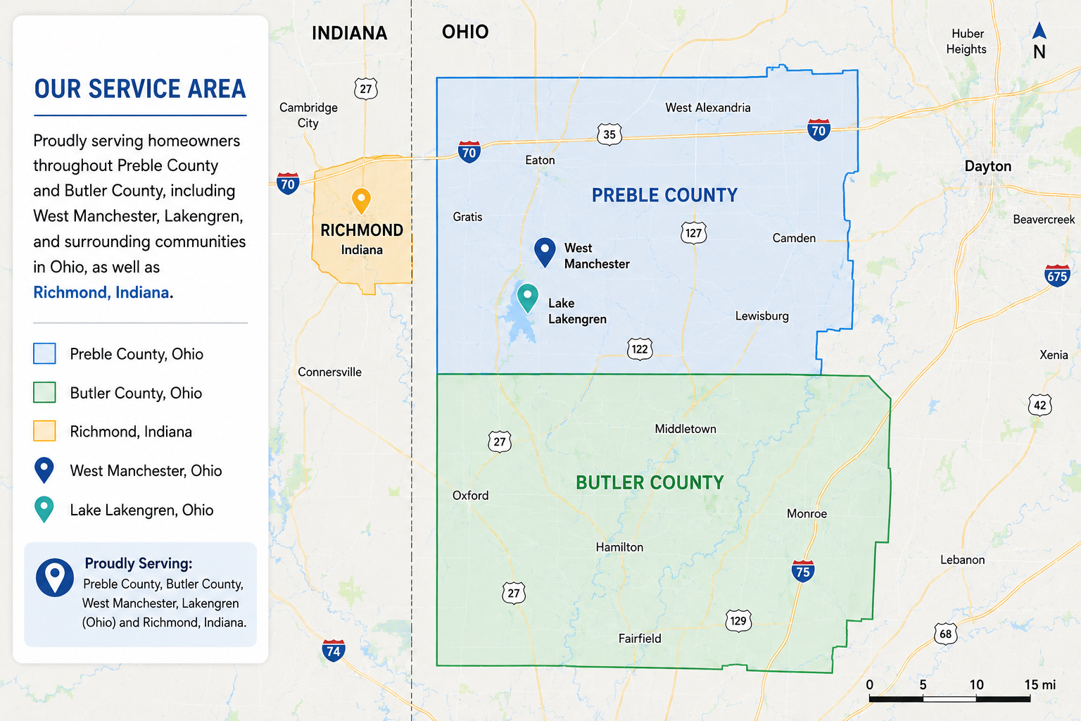 Map showing DW's Home Improvement & Repair service area across southwestern Ohio and eastern Indiana, including Preble County, Butler County, West Manchester, Lakengren, and Richmond, Indiana.